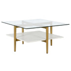 Otto 32" Wide Square Coffee Table with Faux Marble Shelf in Brass