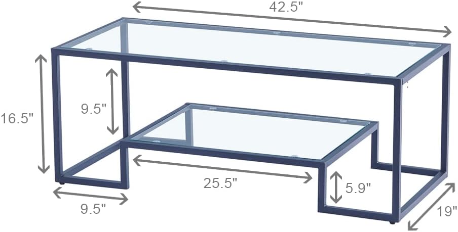 Black Metal Glass Coffee Table - Simple Center Coffee Table for Living Room Home, Metal Frame Coffee Table with 2 Shelves,Modern Table for Bedroom, Dinning Room,Office Decor