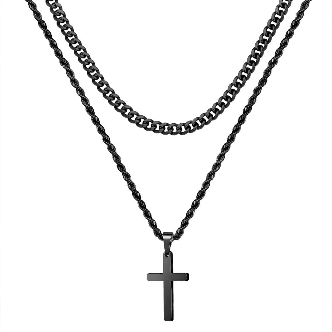 Yooblue Cross Necklace for Men, Gold Black Silver Mens Cross Necklaces Stainless Steel Cross Pendant Necklace Simple Jewelry Gifts Cross Chain Necklace for Men