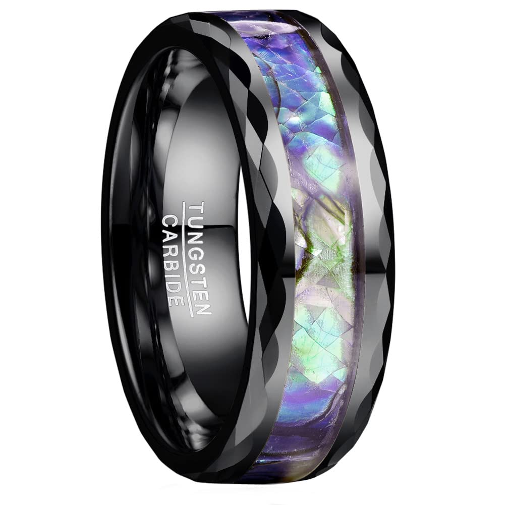 Vakki 8mm Abalone Shell Tungsten Rings for Men Women Black/Silver/Rose Gold Wedding Bands Faceted Edge Comfort Fit Size 5-14