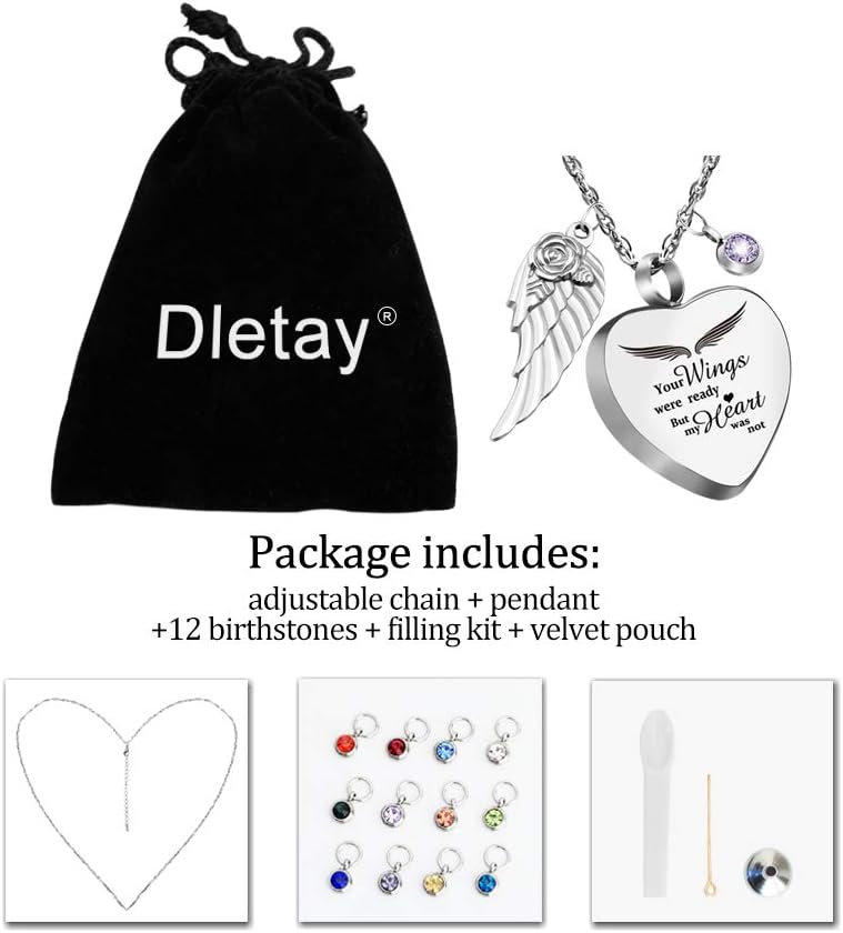 Dletay Heart Urn Necklace for Ashes with 12 Birthstones Cremation Jewelry for Ashes -Your Wings Were Ready My Heart Was Not