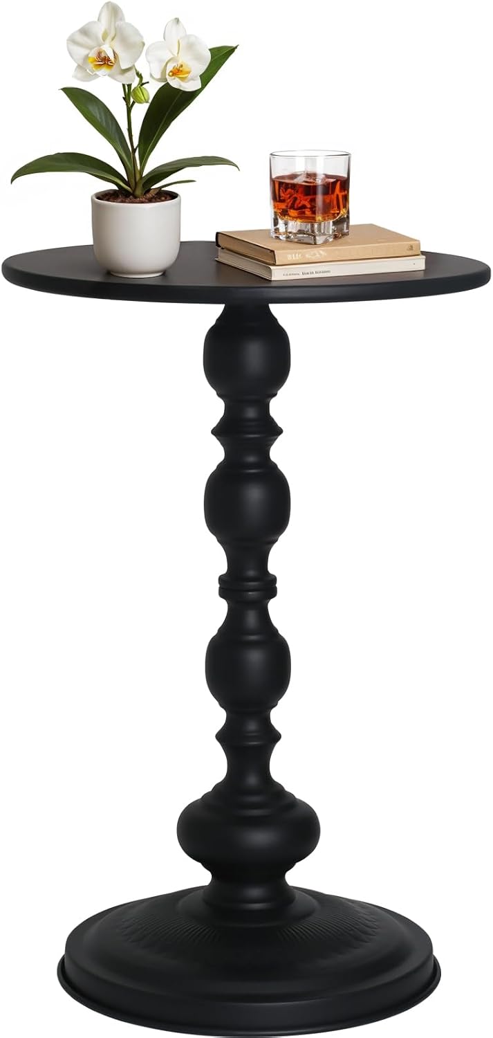 Room Decor Metal Small Round End Table, Home Decor Vintage Drink Table Nightstand for Small Spaces,Modern Accent Pedestal Tables Coffee Tables for Living Room, Bedroom, Corners, Patio,Black