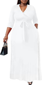White Summer Dresses for Women Plus Size, Sexy V Neck 3/4 Sleeve Maxi Dress for Easter Wedding Guest XL