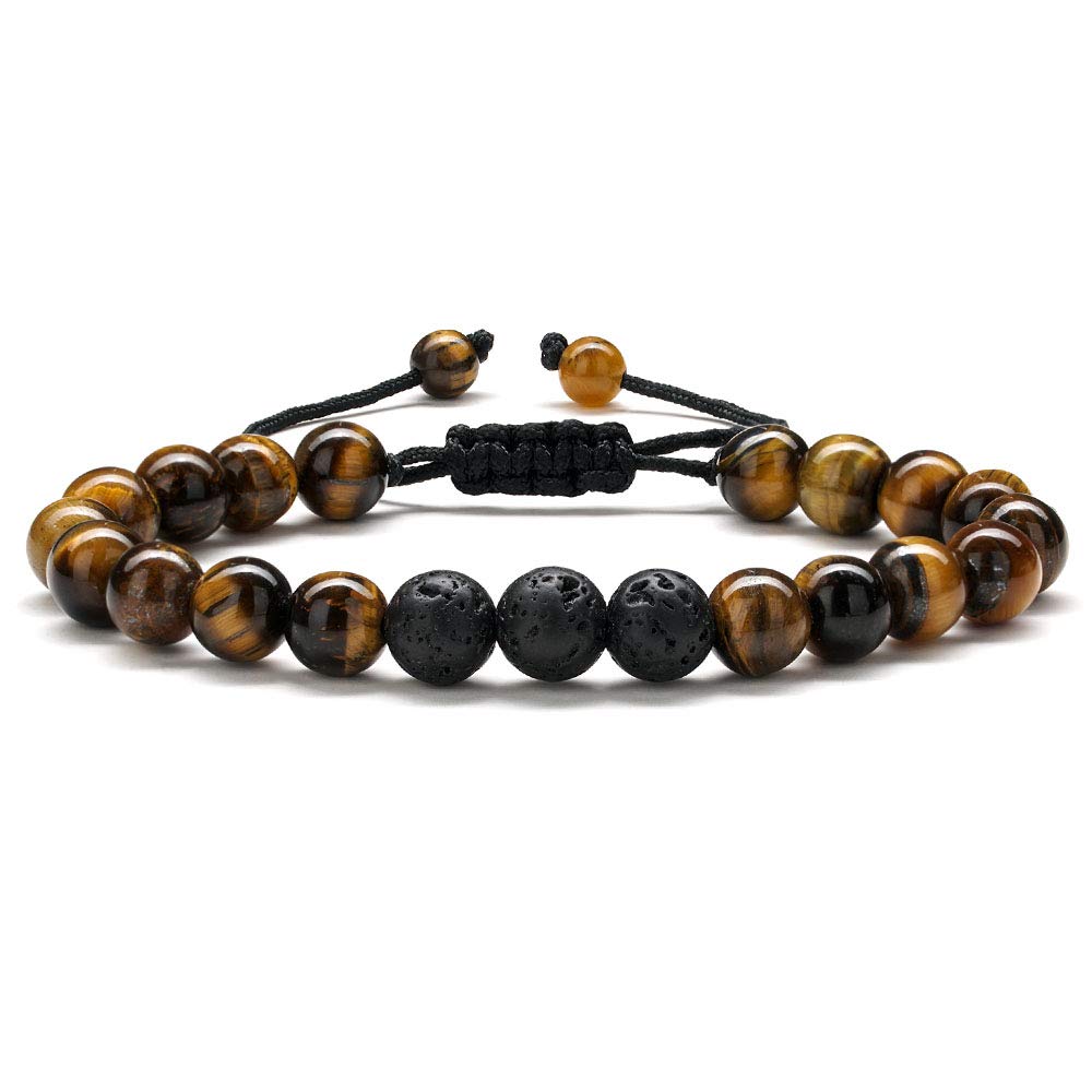 M MOOHAM Natural Stone Bracelets for Men - 8mm Tiger Eye, Matte Agate, Lava Rock - Teen Boys Gifts for Birthday, Anniversary, Christmas