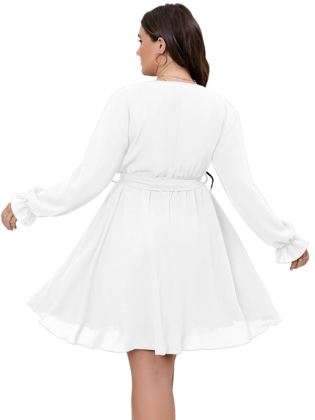SCOMCHIC Women's Plus Size Long Sleeve Wrap V Neck Tie Waist A Line Mini Dress White