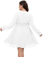 SCOMCHIC Women's Plus Size Long Sleeve Wrap V Neck Tie Waist A Line Mini Dress White