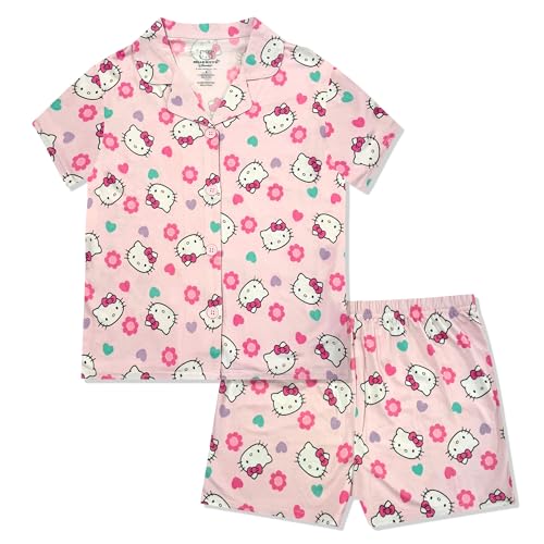 Hello Kitty Girls Pajama Set - 2 Piece Cozy Girls Pjs with Button Down Short Sleeve & Shorts For Kids - Official Product Light Pink