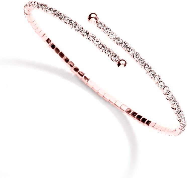 Mariell Rose Gold Crystal Rhinestone Cuff Bridal Bracelet, 1-Row Fashion Bangle for Weddings and Prom