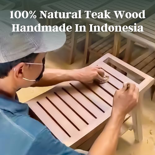 Teak Wood Shower Bench - 30 Inch Fully Assembled Bench with Shelf | Water Resistant, Non-Slip Adjustable Feet for Inside Shower