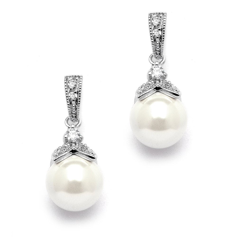 Mariell Pearl Drop Bridal Necklace Earrings Set with CZ Crystals for Bride, Bridesmaid, Birthday Gift