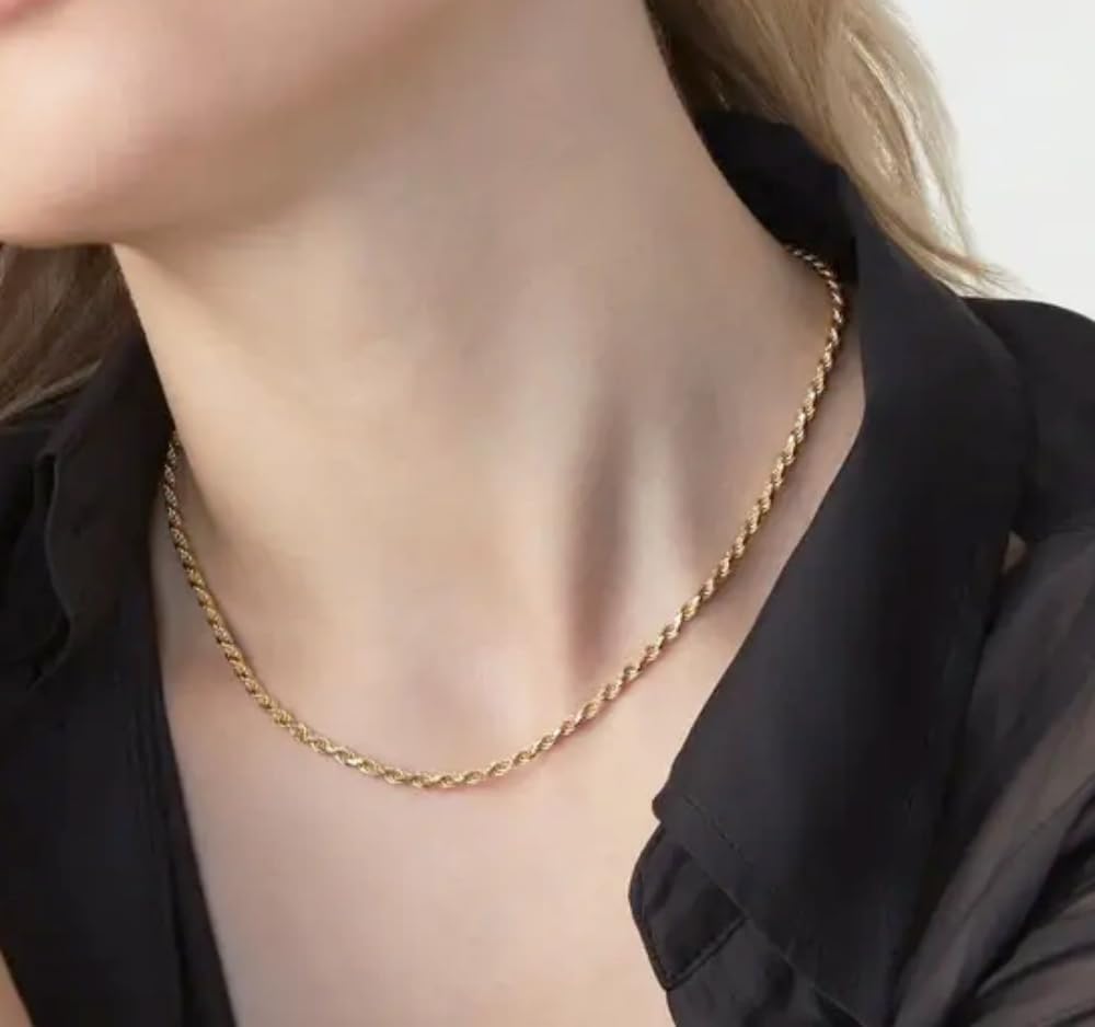 rapmoven Collana a catena a corda solida in oro giallo 14k reale con taglio diamante, chiusura a moschettone, regalo di gioielleria per donne o uomini, 2,5 mm, 22 pollici