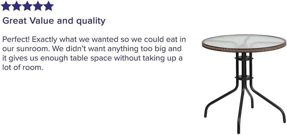 Flash Furniture Barker 28'' Round Tempered Glass Metal Table with Dark Brown Rattan Edging