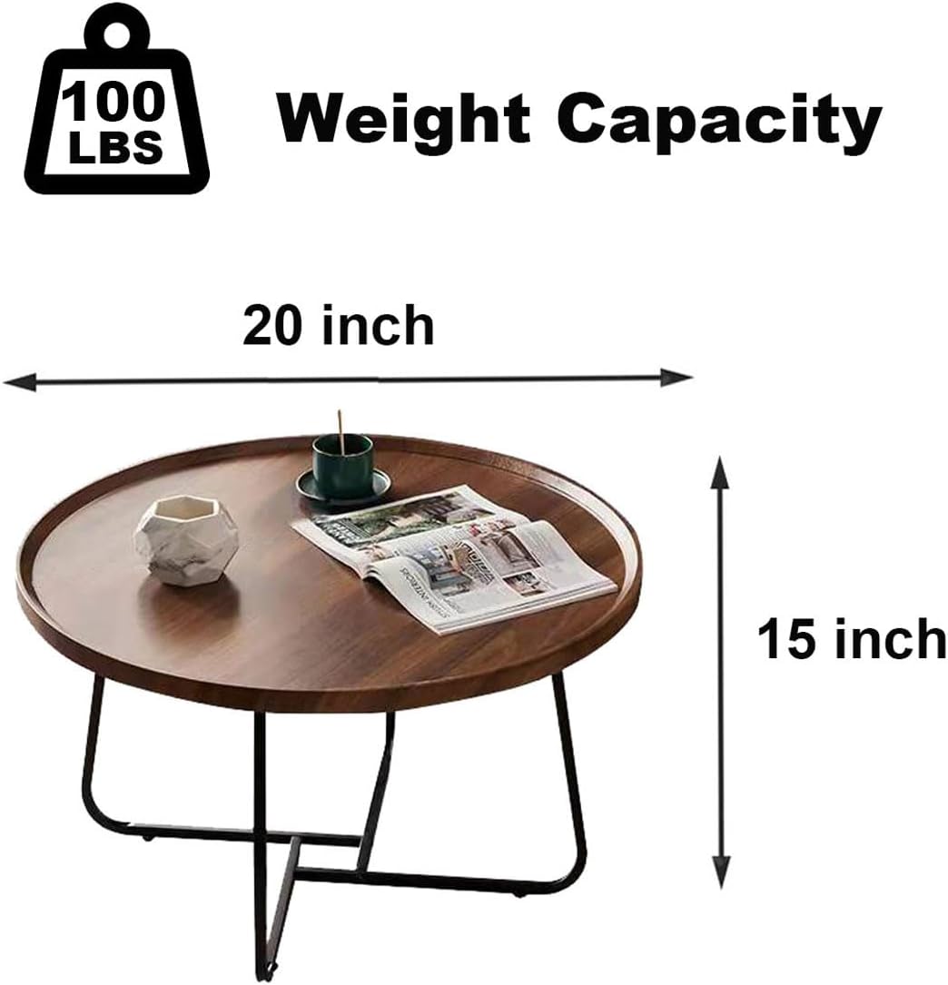 20 inches Round Coffee Table, Wooden Surface Top & Sturdy Metal Legs Coffee Table with Fluted, End Table for Living Room Bedroom Office Balcony Yard (Walnut, 20 inches)