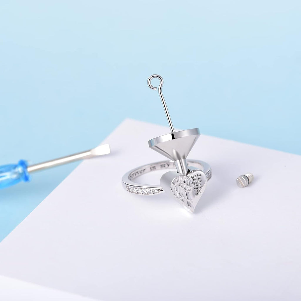 Angel Wing Heart Cremation Ring for Women - 925 Sterling Silver Holds Loved Ones Ashes Rings for Pet Human Ash