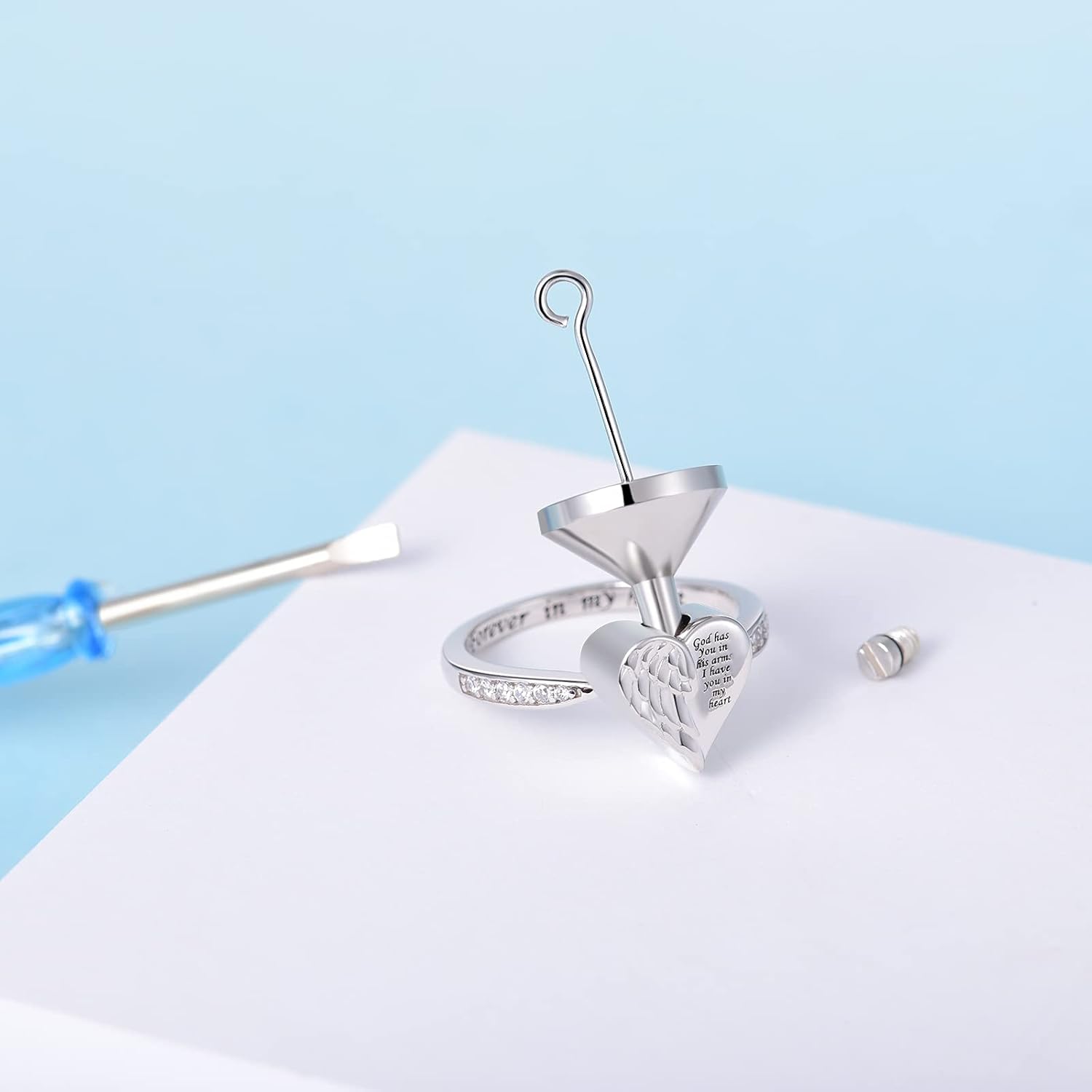 Angel Wing Heart Cremation Ring for Women - 925 Sterling Silver Holds Loved Ones Ashes Rings for Pet Human Ash