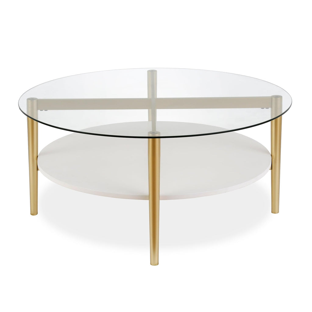 Otto 32" Wide Square Coffee Table with Faux Marble Shelf in Brass