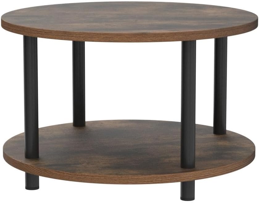 Small Round Coffee Table for Small Space, 23.5" 2-Tier Rustic Brown Wooden Coffee Table with Open Storage for Living Room/Balcony/Office, Metal Legs, Easy to Assemble