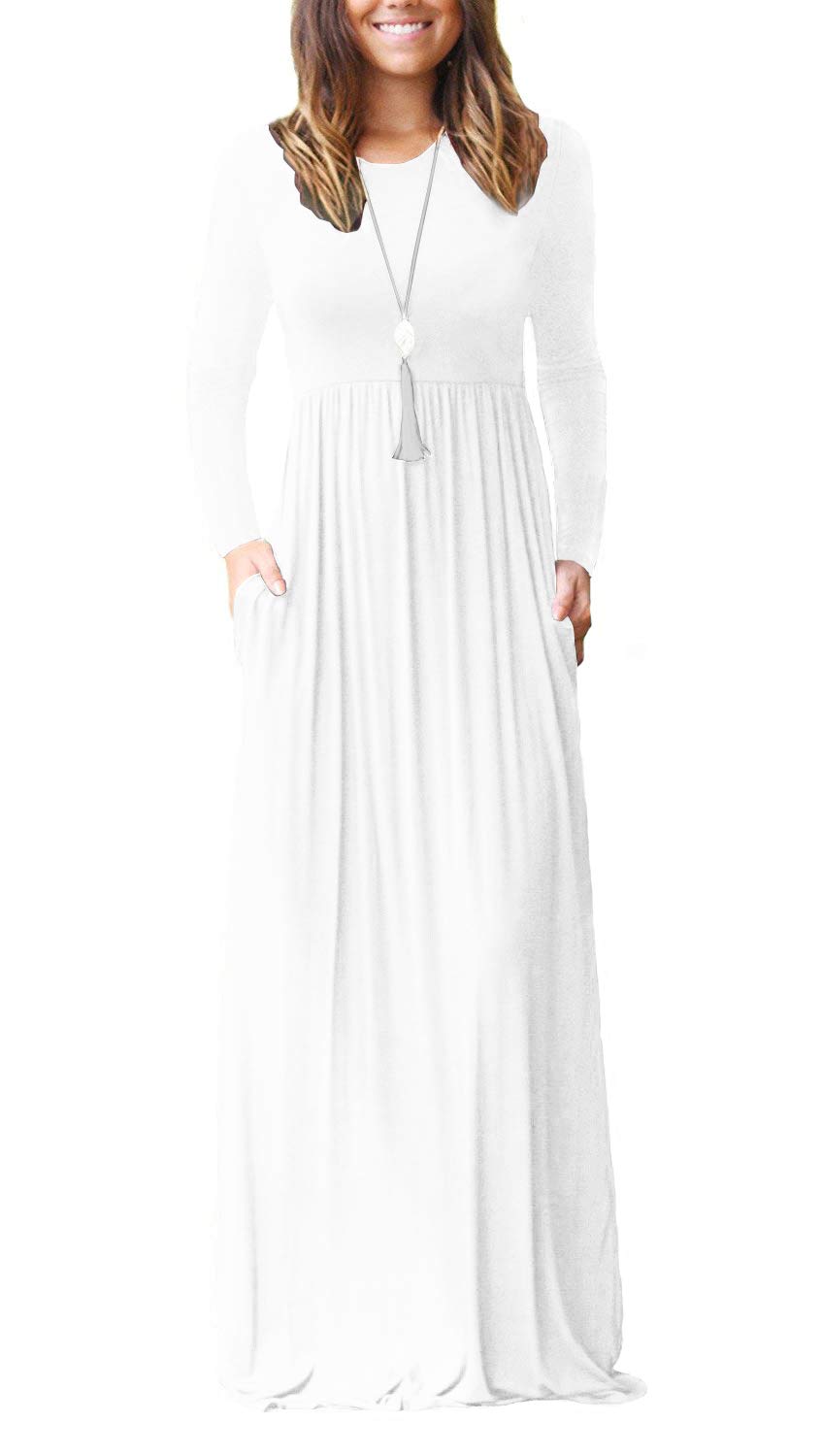 VIISHOW Women's Long Sleeve Loose Plain Maxi Dresses Casual Long Dresses with Pockets(White,Medium)
