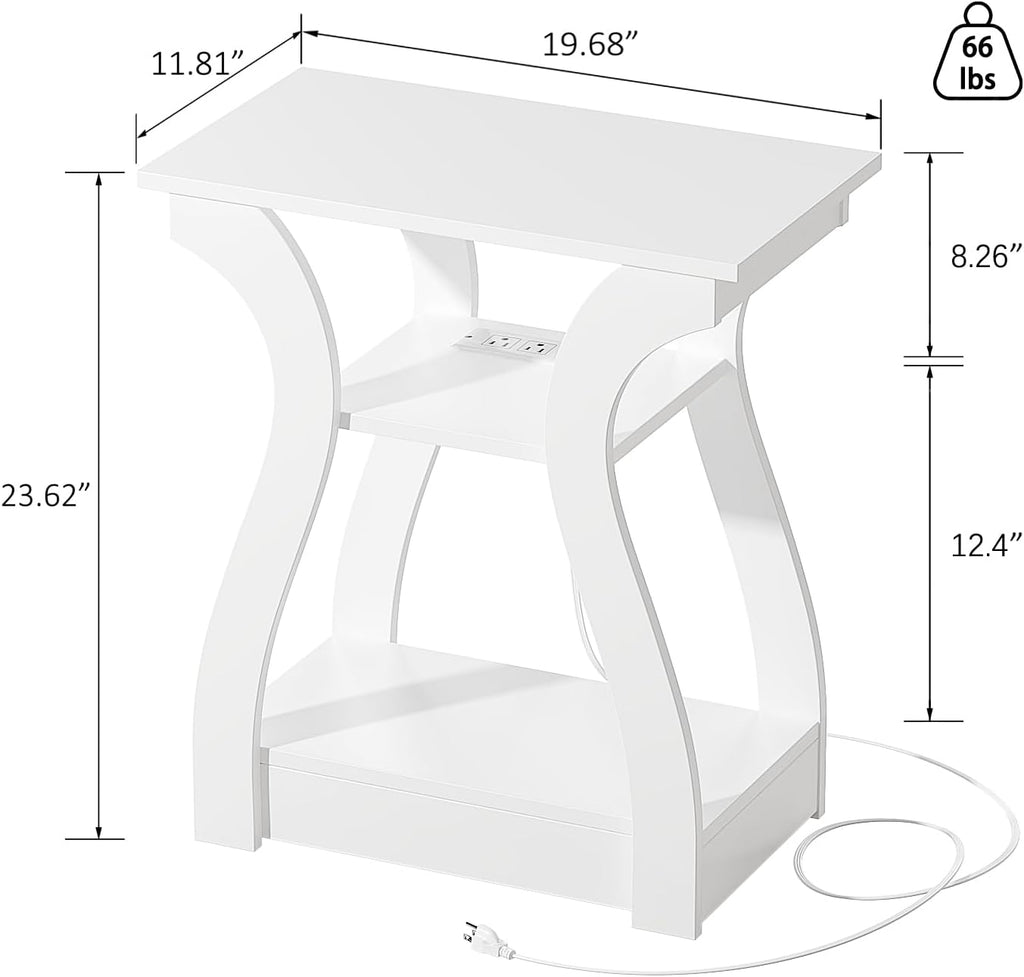 End Tables Living Room, White End Table with Charging Station,White Side Table, Nightstand for Bedroom, 3 Tier End Table with Storage Shelf for Living Room