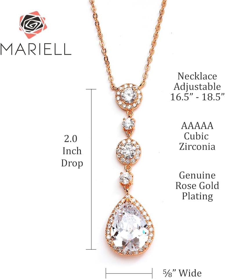 Mariell Bridal and Wedding Necklace, Cubic Zirconia Crystal Drop Pendant Necklace for Brides, Bridesmaids, Prom, Homecoming, Mother of The Bride