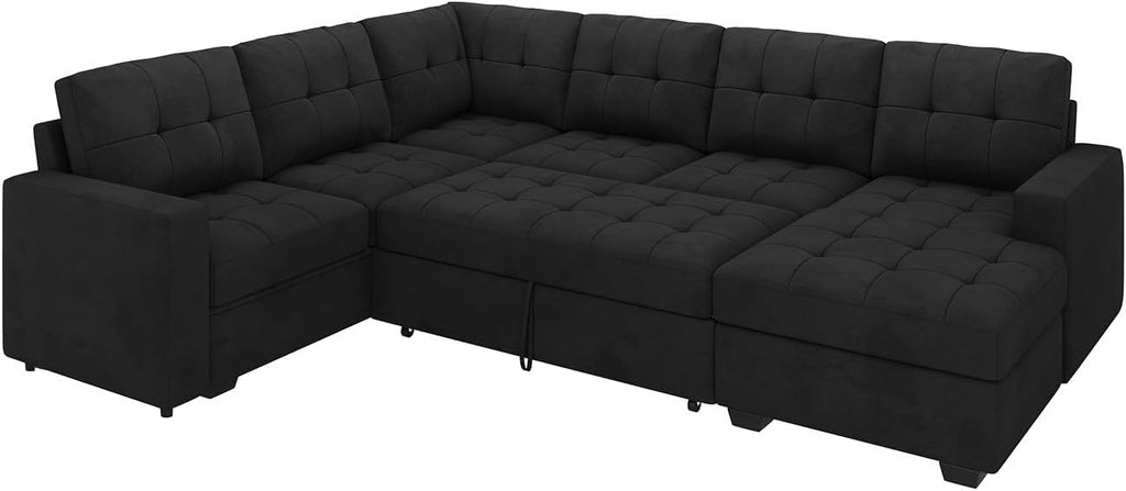 HONBAY Sectional Sleeper Sofa with Pull Out Bed, Sleeper Sectional Couch for Living Room, Sofa Bed with Storage Chaise, Velvet Black