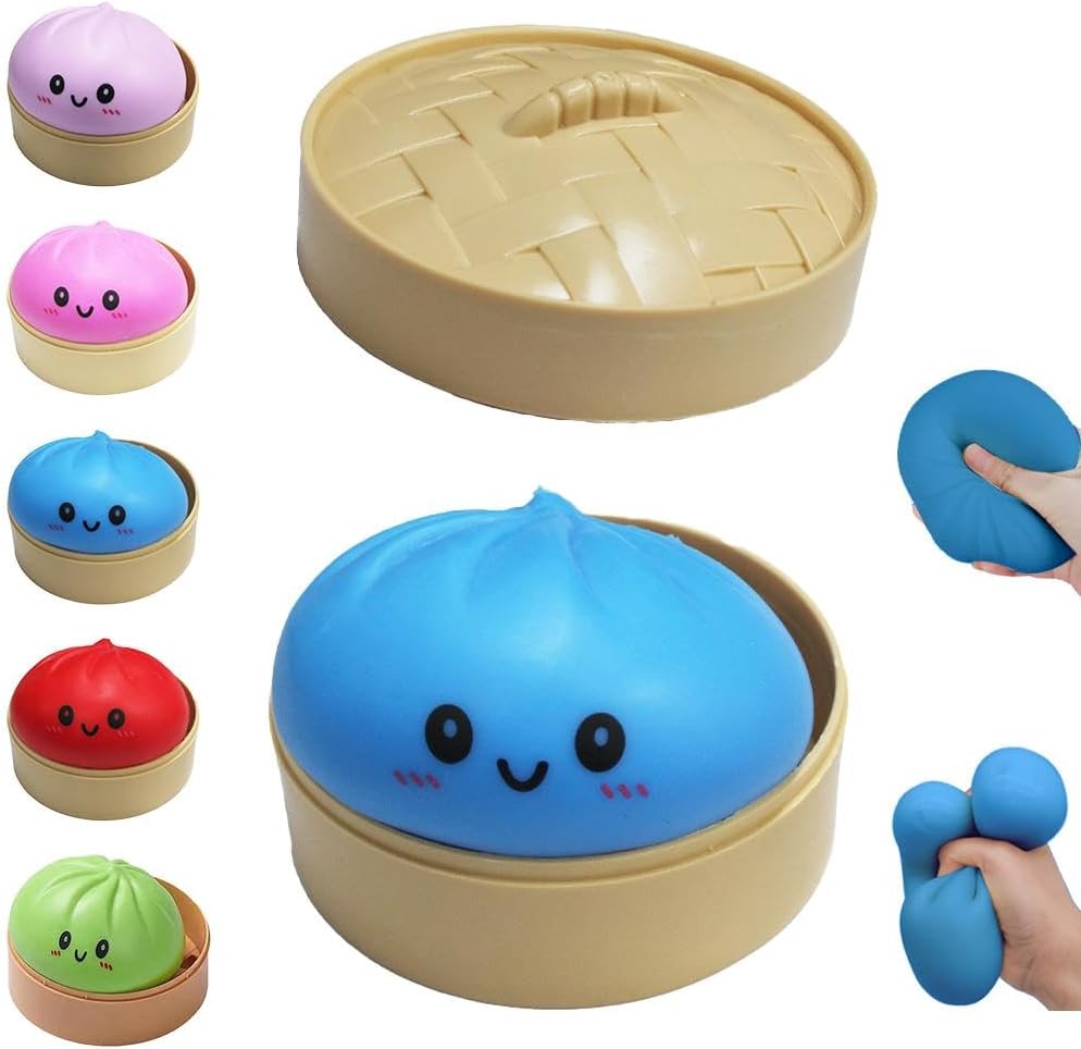 Dumpling Squishies Toy, Giant Glitter Dumpling, Colorful Dumplings Stress Balls Fidget Sensory Toy,Squeeze Dough Ball Stress Relief Hand Toys with Food Steamer Stretchy Desk Toys (Blue)