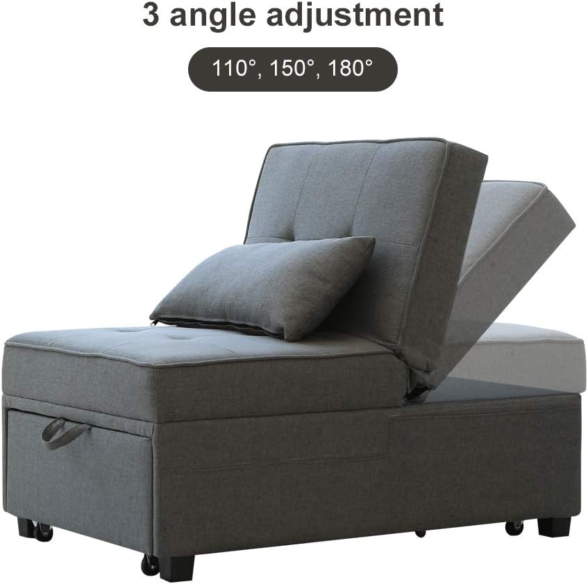 Cynefin Futon Chair with Lumbar Pillow and 3 Side Pockets, Sofa Bed Chair, Convertible 4 in 1 Ottoman Bed Tufted Fabric Gray (M, Gray)