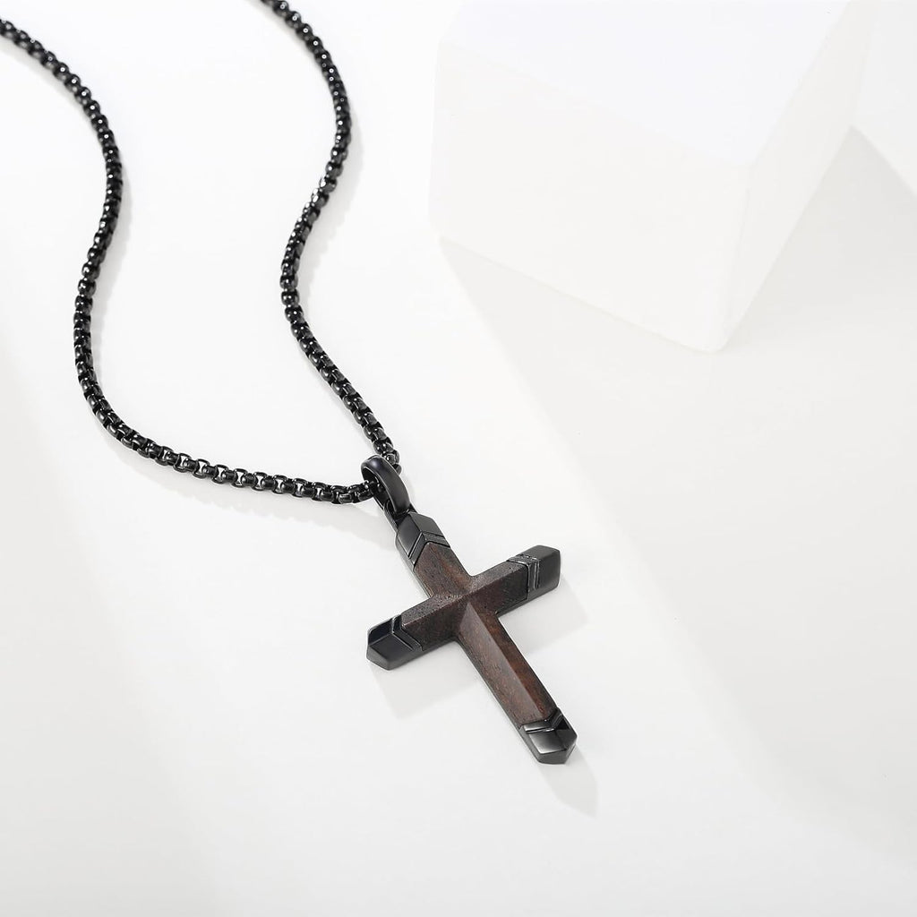 Wooden Cross Necklace for Men, Real Ebony Inset In Black Stainless Steel Christian Wood Crucifix Pendant, Includes Necklace 24" Box Chain
