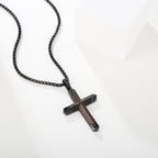 Wooden Cross Necklace for Men, Real Ebony Inset In Black Stainless Steel Christian Wood Crucifix Pendant, Includes Necklace 24" Box Chain