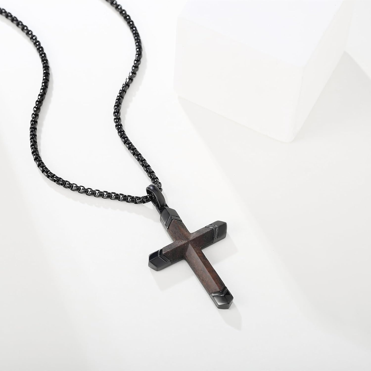 Wooden Cross Necklace for Men, Real Ebony Inset In Black Stainless Steel Christian Wood Crucifix Pendant, Includes Necklace 24" Box Chain