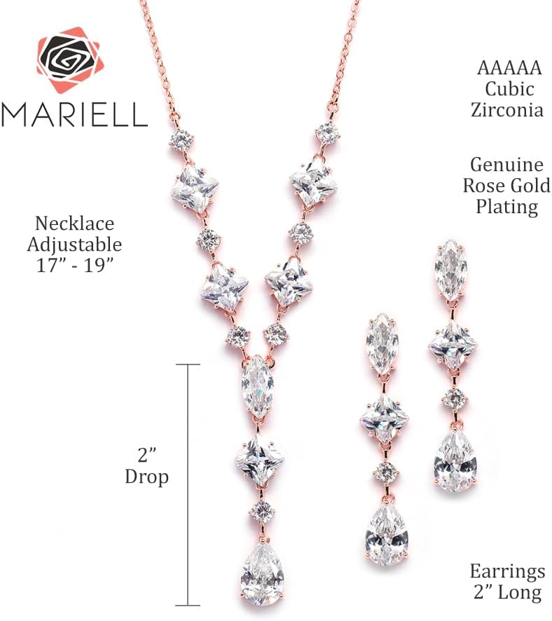 Mariell Rose Gold Cubic Zirconia Necklace & Earrings Bridal Jewelry Set, CZ Crystal Statement Necklace Set for Weddings, Formal Events, Mother of The Bride