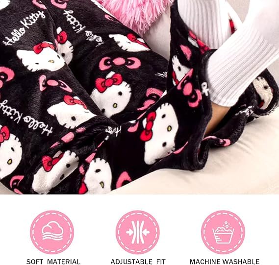 Anime Pajama Pants Women Cute Cat PJS Fluffy Flannel Sleep Bottoms