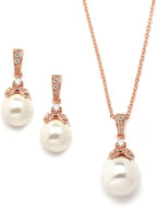 Mariell Pearl Drop Bridal Necklace Earrings Set with CZ Crystals for Bride, Bridesmaid, Birthday Gift