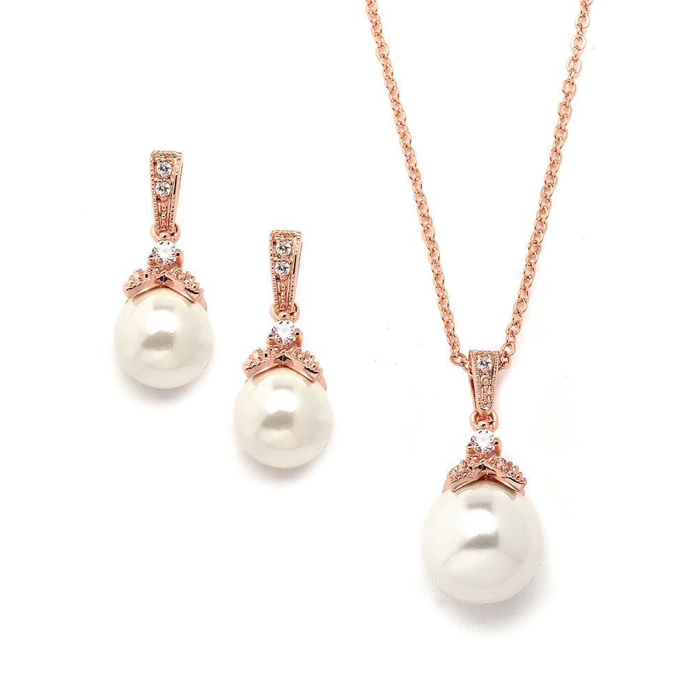 Mariell Pearl Drop Bridal Necklace Earrings Set with CZ Crystals for Bride, Bridesmaid, Birthday Gift