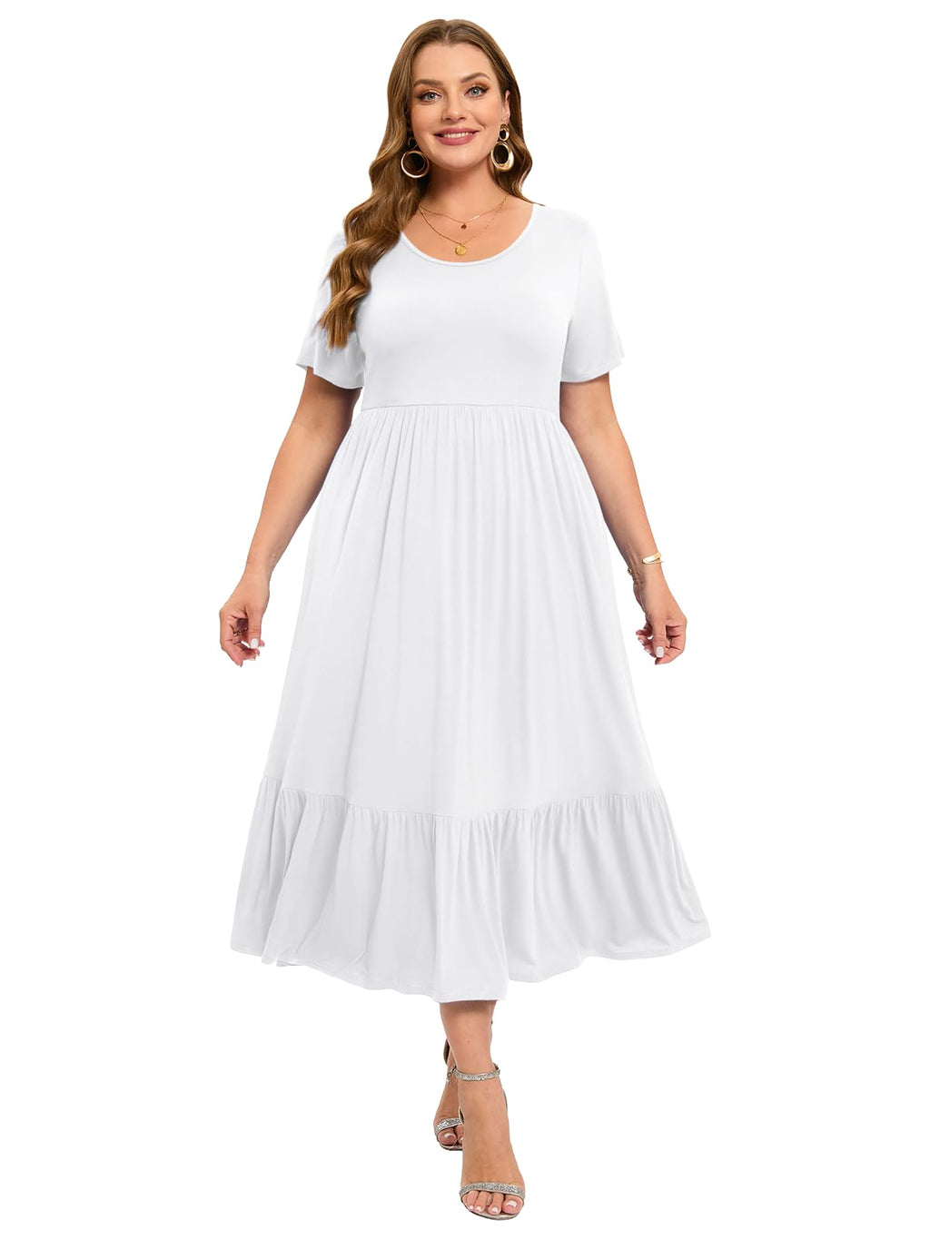 پیراهن‌های سایز بزرگ LARACE برای زنان، تابستانی، کژوال، آستین کوتاه، پیراهن بلند و روان، ماکسی ساحلی با جیب، سایز L-5XL (سفید 2X)