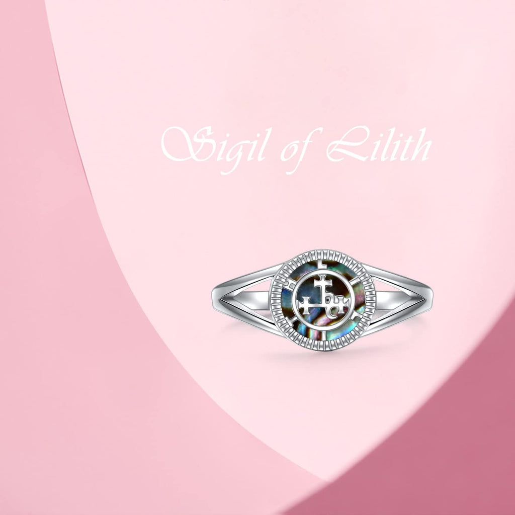 DAOCHONG Sigil of Lilith Abalone Shell Statement Ring S925 Sterling Silver Sigil of Lilith Statement Ring Gifts for Women Men
