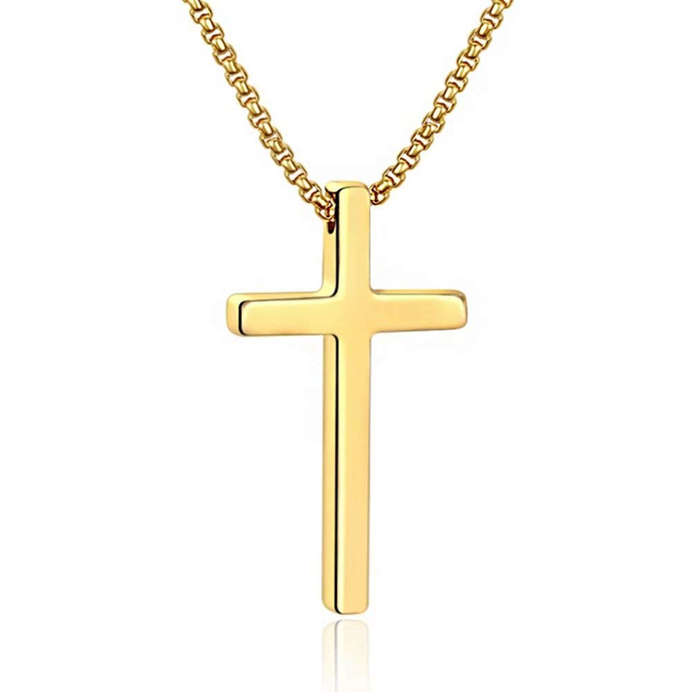M MOOHAM Cross Necklace for Men, Silver Black Gold Stainless Steel Plain Cross Pendant Necklace for Men Box Chain 16-30 Inch