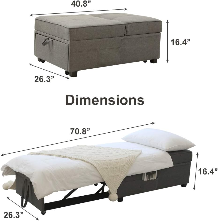 Cynefin Futon Chair with Lumbar Pillow and 3 Side Pockets, Sofa Bed Chair, Convertible 4 in 1 Ottoman Bed Tufted Fabric Gray (M, Gray)