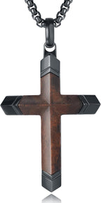 Wooden Cross Necklace for Men, Real Ebony Inset In Black Stainless Steel Christian Wood Crucifix Pendant, Includes Necklace 24" Box Chain