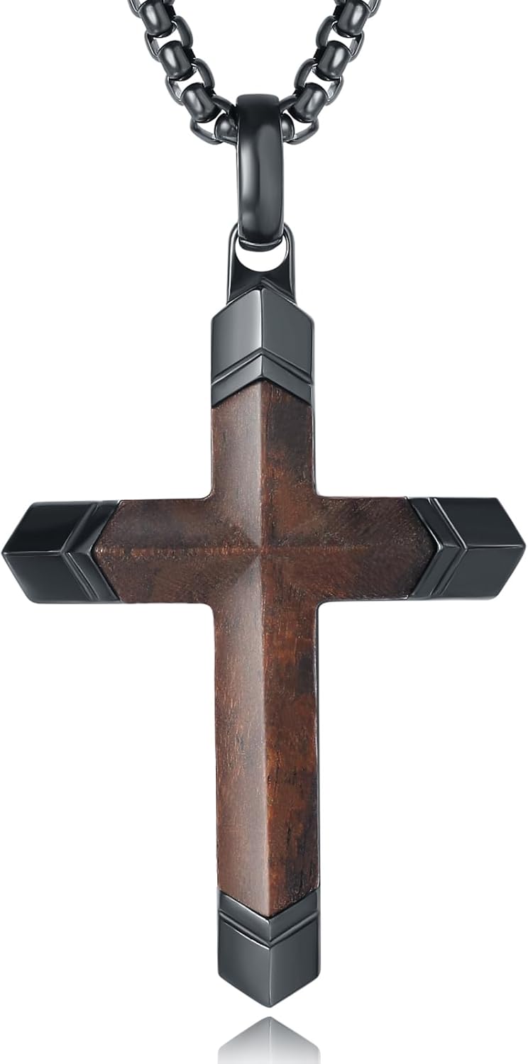 Wooden Cross Necklace for Men, Real Ebony Inset In Black Stainless Steel Christian Wood Crucifix Pendant, Includes Necklace 24" Box Chain