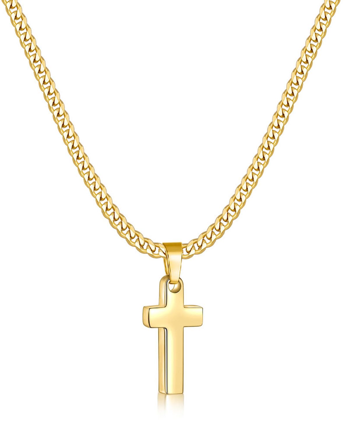 Fiusem Cross Necklace for Men and Women, Gold Plated Mens Cross Necklaces with 3.5mm Cuban Chain, Stainless Steel Pendant Chain 16-24 Inches