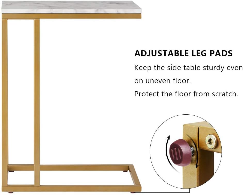 C-Shape Side End Table, Faux Marble Tray Snack Table with Metal Frame, Laptop Coffee Holder, Modern Furniture (Gold,2pcs)