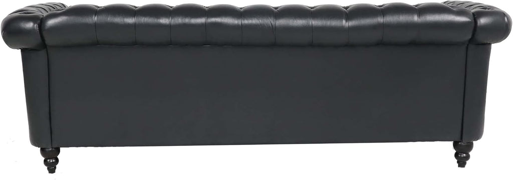 Chesterfield PU Leather Sofa, Upholstered PU Sofa with Tufted Back, Classic 3 Seater Leather Couch Rolled Arm for Living Room Office, Black
