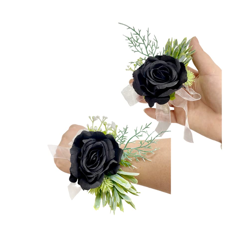 Rikyo Rose Håndledskorsage Håndledsrem Armbånd og Herre Boutonniere Sæt, Korsage til Prom, Brudens Hånd Blomst Blomster Ceremoni, Bryllupsfest Prom Dekoration, DIY Kronblade Hår Hat Krans (Sort)
