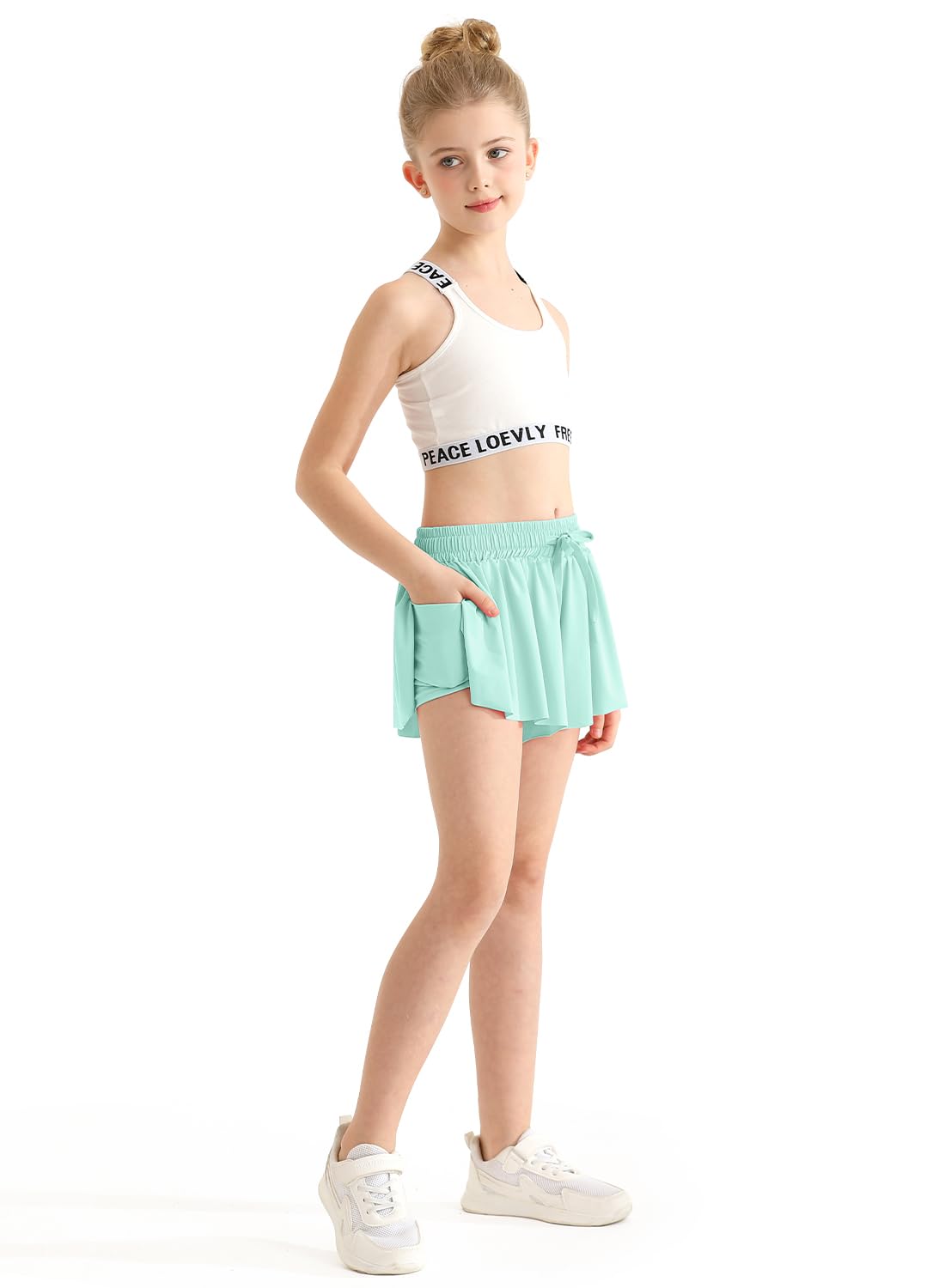 Girls Butterfly Shorts Flowy Shorts with Pocket Aqua Green Kids Butterfly Skirts with Spandex Liner 8-9 Years