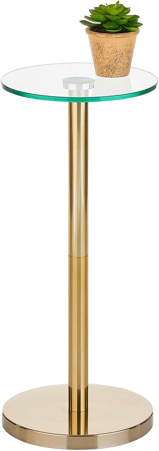 mDesign Glass Top Side/End Drink Table - Small Modern Round Accent Metal Nightstand Furniture for Living Room, Dorm, Home Office, and Bedroom - 9" Round - Clear/Soft Brass