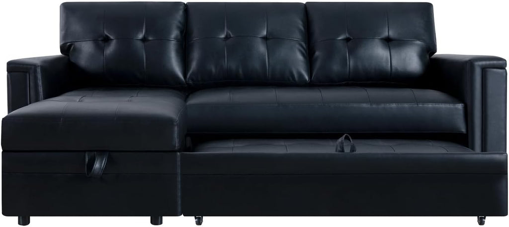 Naomi Home L-Shaped Sectional Sleeper Sofa with USB Ports - Convertible Pull-Out Bed, Ample Storage, Timeless Design, Durable Construction, Black/Air Leather
