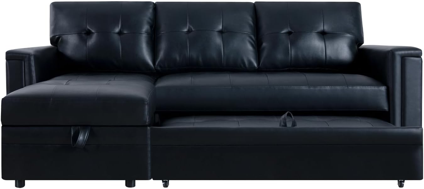 Naomi Home L-Shaped Sectional Sleeper Sofa with USB Ports - Convertible Pull-Out Bed, Ample Storage, Timeless Design, Durable Construction, Black/Air Leather