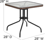 Flash Furniture Barker 28'' Square Tempered Glass Metal Table with Dark Brown Rattan Edging