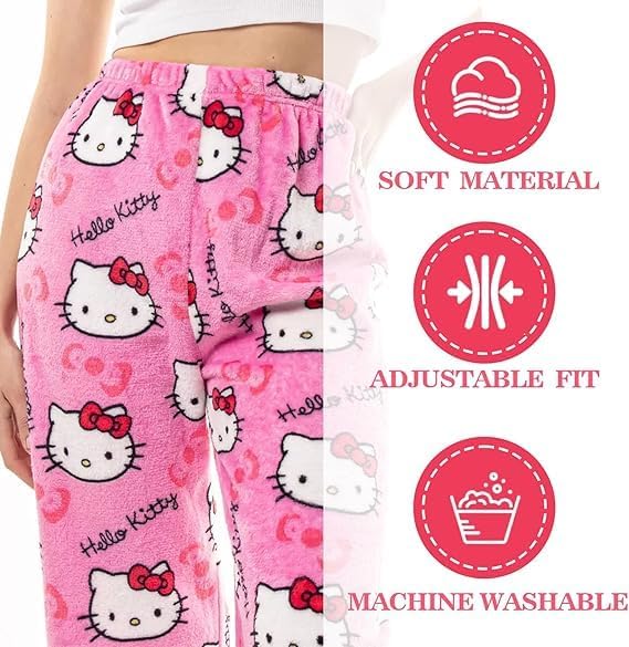 Cute Cartoon Pajama Pants for Women, Kawaii Anime Cat Pjs Christmas Pajama Pants Fluffy Flannel Sleep Bottoms